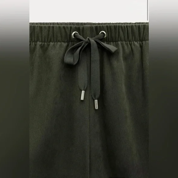 ZARA TEXTURED WIDE LEG PANTS DARK KHAKI GREEN - Picture 6 of 6